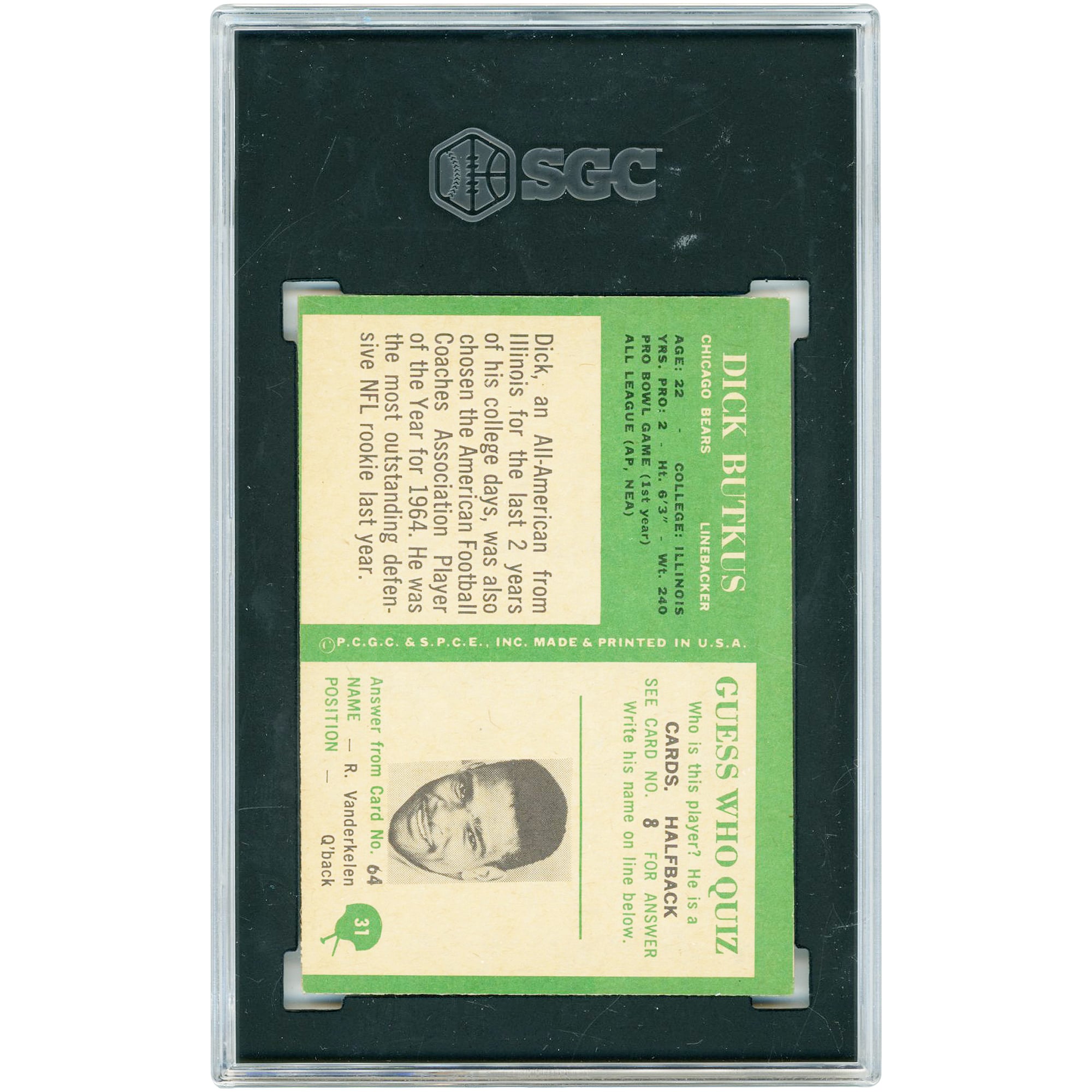 Dick Butkus Chicago Bears 1966 Philadelphia  #31 SGC Authenticated 3 Rookie Card
